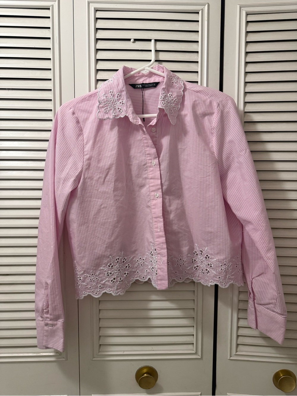Zara Light Pink Striped Eyelet Hem Button-Down Blouse